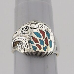 Vintage Sterling Eagle Head Ring with Turquoise Inlay Size 10